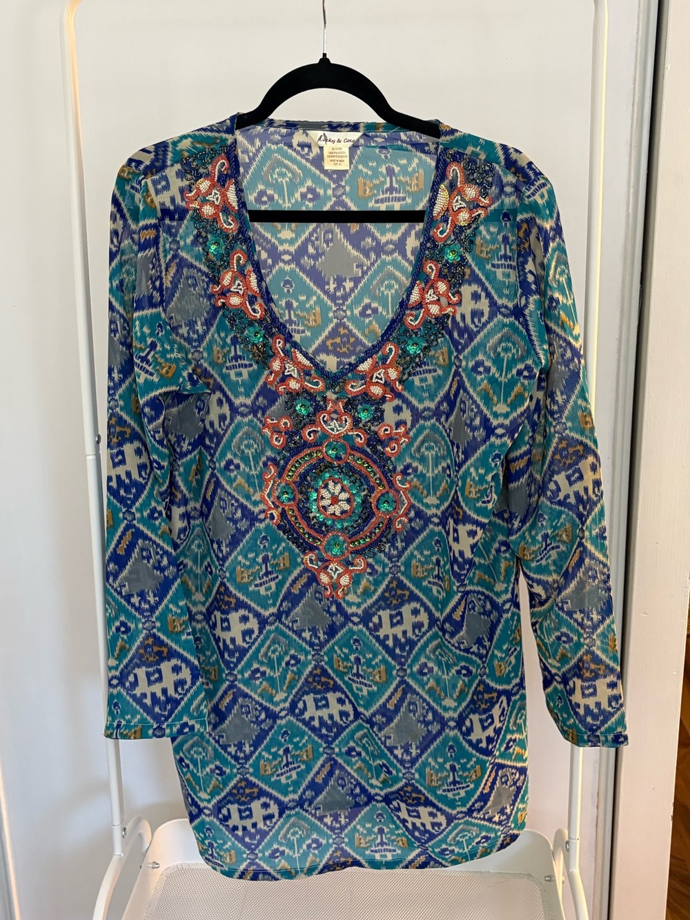 Lucky & Coco | Beaded V-Neck Printed Tunic Swimwear Cover-Up